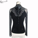 Rose Embossed Small Stand Collar Lace Sleeves Velvet Sexy Women T Shirt