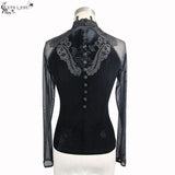 Rose Embossed Small Stand Collar Lace Sleeves Velvet Sexy Women T Shirt