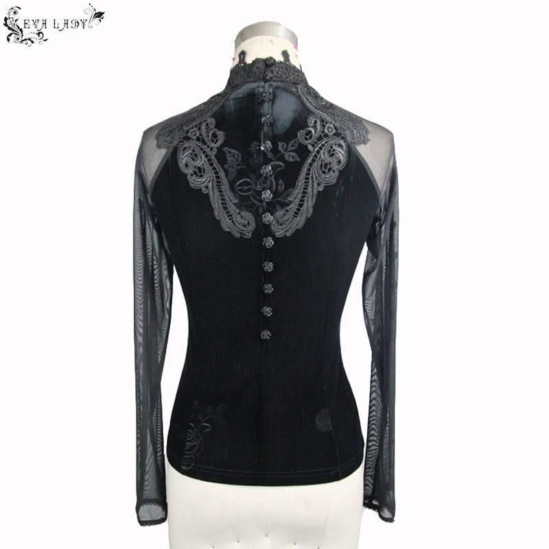 Rose Embossed Small Stand Collar Lace Sleeves Velvet Sexy Women T Shirt