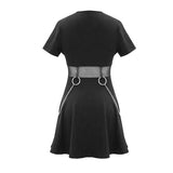 Daily Life Black Women Mesh Waist Pure Cotton Stretchy Punk Dress With Chains