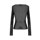 Punk Skeleton Palm Leather Embroidery Fetish Sexy Women Round Collar Mesh T Shirt