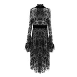 Daily Black Queen Floral Flocking Printed Long Sleeves Velvet Tunic Dress With Tie