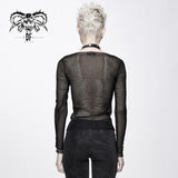 Punk Skeleton Palm Leather Embroidery Fetish Sexy Women Round Collar Mesh T Shirt