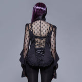 See Through Diamond Pattern Lace Sexy Ladies Gothic Chiffon Blouse With Beaded Flower