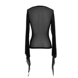 Gothic Snake Flocking Printed Horn Sleeve Sexy Ladies Mesh T Shirt