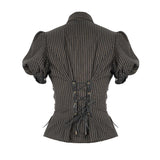 Steampunk Bubble Short Sleeved Striped Brown Women Slim Cotton Blouse