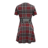 Daily Life Cool Girls Mesh Waist Stretchy Mid Length Scottish Red Plaid Dress With Chains