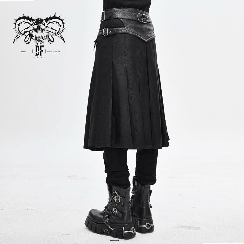 Punk Metallic Mist Textured Leather Waistband Dark Grain Pleated Men Kilts