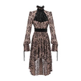 Everyday Apricot Queen See Through Printed Long Sleeves Velvet Belted Dress With Tie