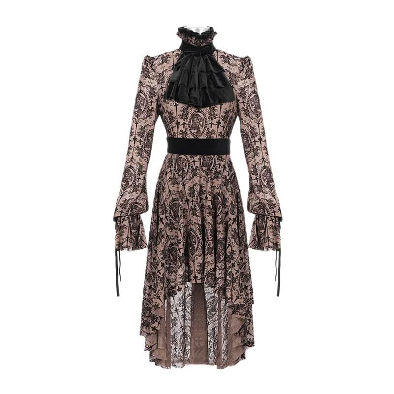 Everyday Apricot Queen See Through Printed Long Sleeves Velvet Belted Dress With Tie