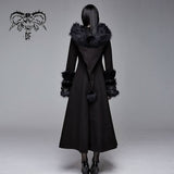 Winter Sexy Women Black Gothic Double Faced Woolen Hooded Long Coat With Fur
