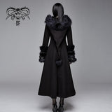 Winter Sexy Women Black Gothic Double Faced Woolen Hooded Long Coat With Fur