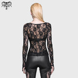 Daily Wear See Through Rose Flocking Big Round Collar Sexy Ladies Lace T Shirt