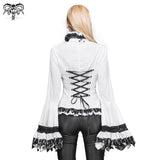 Party Gothic Big Flared Sleeves Bandage Black And White Color Contrast Women Blouse With Necktie