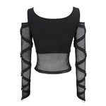 Mesh Spliced Off The Shoulder Sexy Women Punk Long Sleeves T Shirts