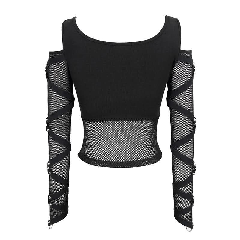 Mesh Spliced Off The Shoulder Sexy Women Punk Long Sleeves T Shirts