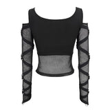 Mesh Spliced Off The Shoulder Sexy Women Punk Long Sleeves T Shirts