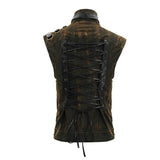 Brown Steampunk High Collar Lace Up Back Zipper Up Men Waistcoat With Pockets