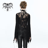 Autumn Asymmetric Woollen Broken Holes Lace Spliced Sexy Ladies Gothic Black Sweater