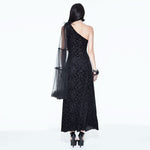One Shoulder Asymmetrical Dark Pattern Stretchy Velvet Long Dress With Shawl