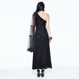 One Shoulder Asymmetrical Dark Pattern Stretchy Velvet Long Dress With Shawl