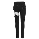 Punk Asymmetrical Spliced Broken Hole Women Worn Out Pants With Chains