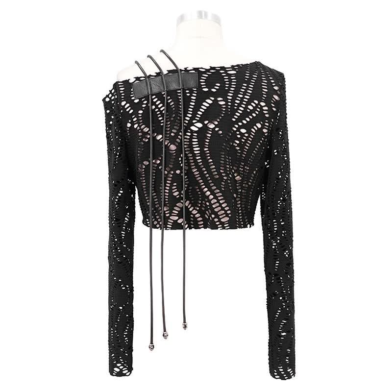 Japanese Fashion Daily Life Off The Shoulder Punk Hollow Out Sexy Women Long Sleeve T Shirt