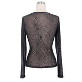 Daily Spider Web Jacquard Classic Style Round Collar Long Sleeve Mesh Women T Shirts