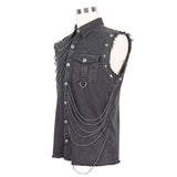 Club Punk Rock Unedged Sleeveless Black Men Faded Shirts With Pocket