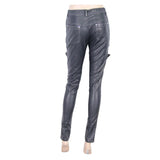 Punk Multi Loops Zipper Black And Silver Hand Rubbed Women Leather Pants