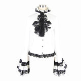 Party Gothic Big Flared Sleeves Bandage Black And White Color Contrast Women Blouse With Necktie