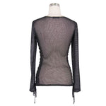 Daily Life Fetish See Through Mesh O Neck Long Sleeve Sexy Ladies Cotton T Shirts