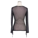 Daily Life Fetish See Through Mesh O Neck Long Sleeve Sexy Ladies Cotton T Shirts