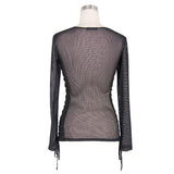 Daily Life Fetish See Through Mesh O Neck Long Sleeve Sexy Ladies Cotton T Shirts