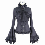 Women Gothic Big Flared Sleeves Lace Up Black Cotton Blouse With Necktie