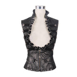 Black And Silver Big Opening Chest Wave Collar Sexy Lady Leather Waistcoats