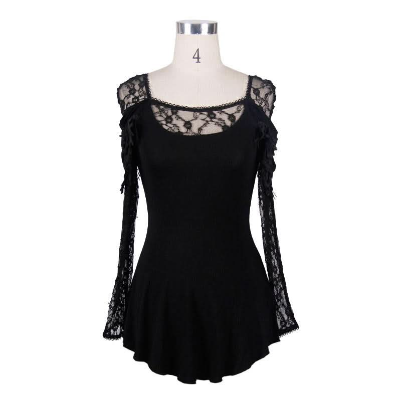 Gothic Small Rose Lace Long Sleeves Modal Mature Women T Shirt With Back Cowls
