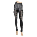 Punk Mesh Thigh Big Elastic Women Biker Leather Pants With Loops