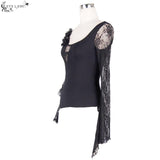 Eva Lady Asymmetrical Hem Lace Sleeves Stretchy Cotton Sexy T Shirt