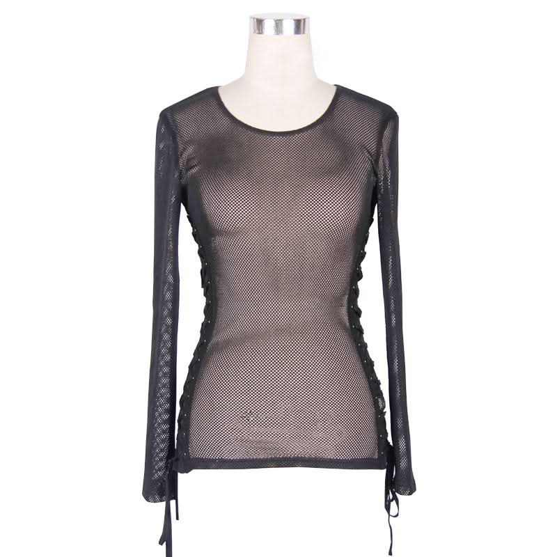 Daily Life Fetish See Through Mesh O Neck Long Sleeve Sexy Ladies Cotton T Shirts