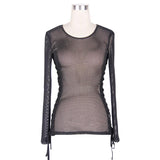 Daily Life Fetish See Through Mesh O Neck Long Sleeve Sexy Ladies Cotton T Shirts