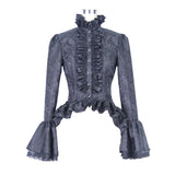 Women Short Front And Long Back Flared Sleeves Gothic Black Ruffled Lace Blouse