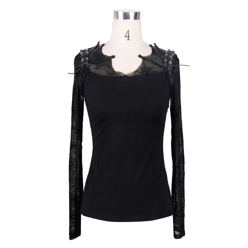 Transparent Spider Web Back Mesh Long Sleeve Punk Black Sexy Women T Shirts