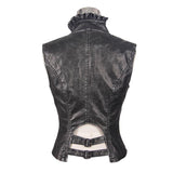 Black And Silver Big Opening Chest Wave Collar Sexy Lady Leather Waistcoats