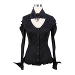 Women Small Collar Pleated Sleeves Everyday Wear Black Elastic Blouse With Bead Pins