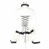 Paisley Jacquard Flared Sleeves Gothic White Ruffled Lace Up Women Blouse