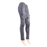 Punk Multi Loops Zipper Black And Silver Hand Rubbed Women Leather Pants