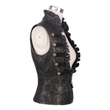 Spring Biker Bronze Bared Breast Wave Collar Lady Steampunk Leather Short Vests