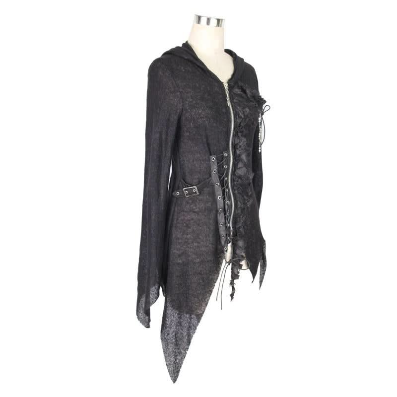 Everyday Wearing Asymmetric Knitwear Zipper Up Black Long Women Hooded Cardigans