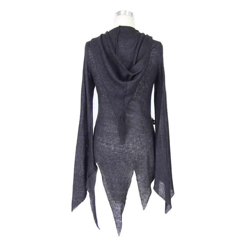 Everyday Wearing Asymmetric Knitwear Zipper Up Black Long Women Hooded Cardigans